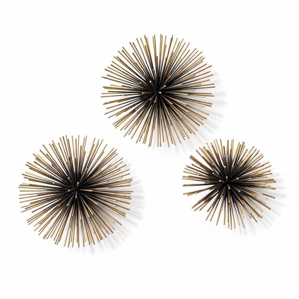 Atomic Starburst Metal Sea Urchins Wall Hangings MCM Decor Gold Black Set of 3